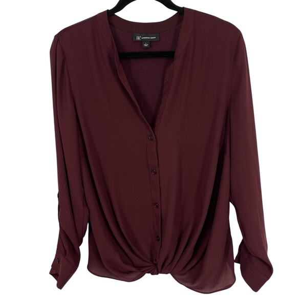 INC International Concepts Twist Front Button up Top Size Large Eggplant Chiffon - Picture 1 of 10